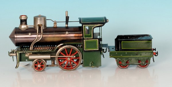 SCHOENNER Spiritusdampflok "STORCHENBEIN": 1'A, mit 2 achs. Tender, 37 cm, oszillierende Zylinder, brÃ¼nierter Kessel, Ã¼berdurchschnittlich guter Orig.-Zustand.