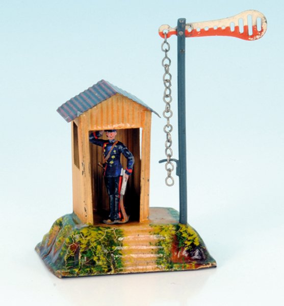 MÃ„RKLIN uralt BahnwÃ¤rterhaus: handlackiert, mit Signal und BahnwÃ¤rterfigur, guter Orig.-Zustand, minimale Gebrauchsspuren.