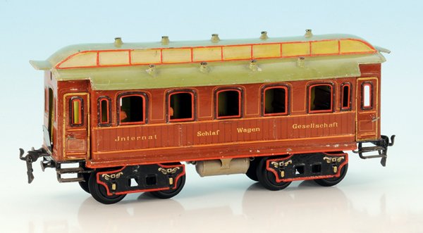MÃ„RKLIN int. D-Zug-Schlafwagen 1843/II: 37 cm, braun, Oberlichtdach grÃ¼n handlackiert, mit Inneneinrichtung, guter Orig.-Zustand.