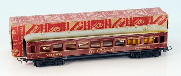 MÃ„RKLIN Speisewagen 352, Ãœbergangsversion: Blech, groÃŸe mehrteilige Gussdrehgestelle, seltene Version ohne Trittbretter, sehr gut, im OKT.