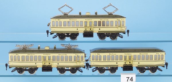 1 HEHR Replika Rheinuferbahn RHU: 3-teilig, 98 cm, creme handlackiert, Oberlichtdächer, Aufschrift: Köln-Bonner Eisenbahnen Rheinuferbahn, neuwertig, im OKT.