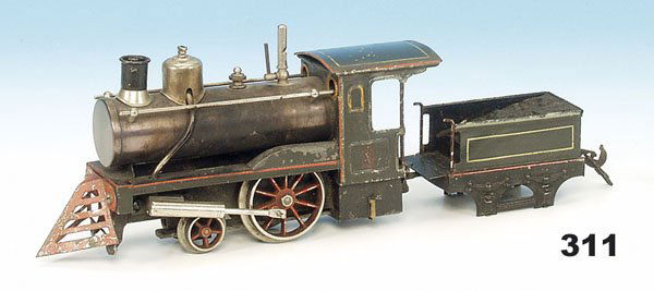 1 CARETTE Spiritusdampflok A 503/0: Achsfolge 1'A, mit 2 achs. Tender, 31 cm, grün/schwarz handlackiert, brünierter Messingkessel, mit Sicherheitsventil und Dampfpfeife, oszillierende Zylinder, mit Kuhfänger, guter Orig.-Zustand, lei