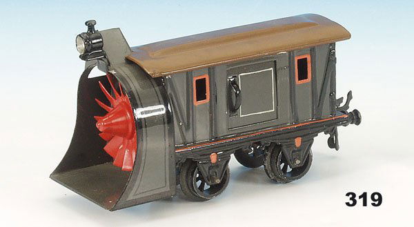 1 BING Schneeschleuderwagen 14465/0: 2 achs., 15,5 cm, grau/dunkelblau, Dach braun handlackiert, sehr guter Orig.-Zustand, winzige Lackfehler, in diesem Zustand eine Rarität !