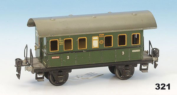 1 MARKLIN Personenwagen 1727/0: 2 achs., 18,5 cm, grün, Orig.-Zustand, leichte Gebrauchsspuren.