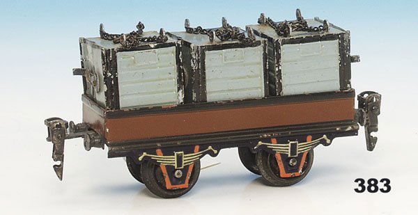 1 MARKLIN Seecontainerwagen 1898/0: 2 achs., 13,5 cm, Unterwagen braun handlackiert, mit 3 grauen Seecontainern beladen, Orig.-Zustand, altersgerechte Gebrauchsspuren.