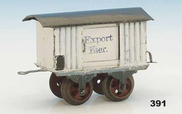 1 MARKLIN Bierwagen 1808/0: 2 achs., 8 cm, weiss, Dach schwarz, Aufschrift: Export-Bier, Schnappkupplungen, massive Lochspeichenräder, Orig.-Zustand, Gebrauchsspuren.