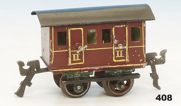 1 MARKLIN Personenwagen 1806/0: 2 achs., 8 cm, rot handlackiert, Türen zum Öffnen, Inneneinrichtung, Baujahr ca. 1902, Hakenkupplung, Lochspeichenräder, guter Orig.-Zustand.