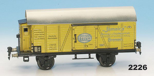 1 MARKLIN Bananenwagen 1792/1: 2 achs., 27 cm, gelb lithogr., Dach weiss n e u l a c k i e r t, Orig.-Zustand, leichte Gebrauchsspuren.