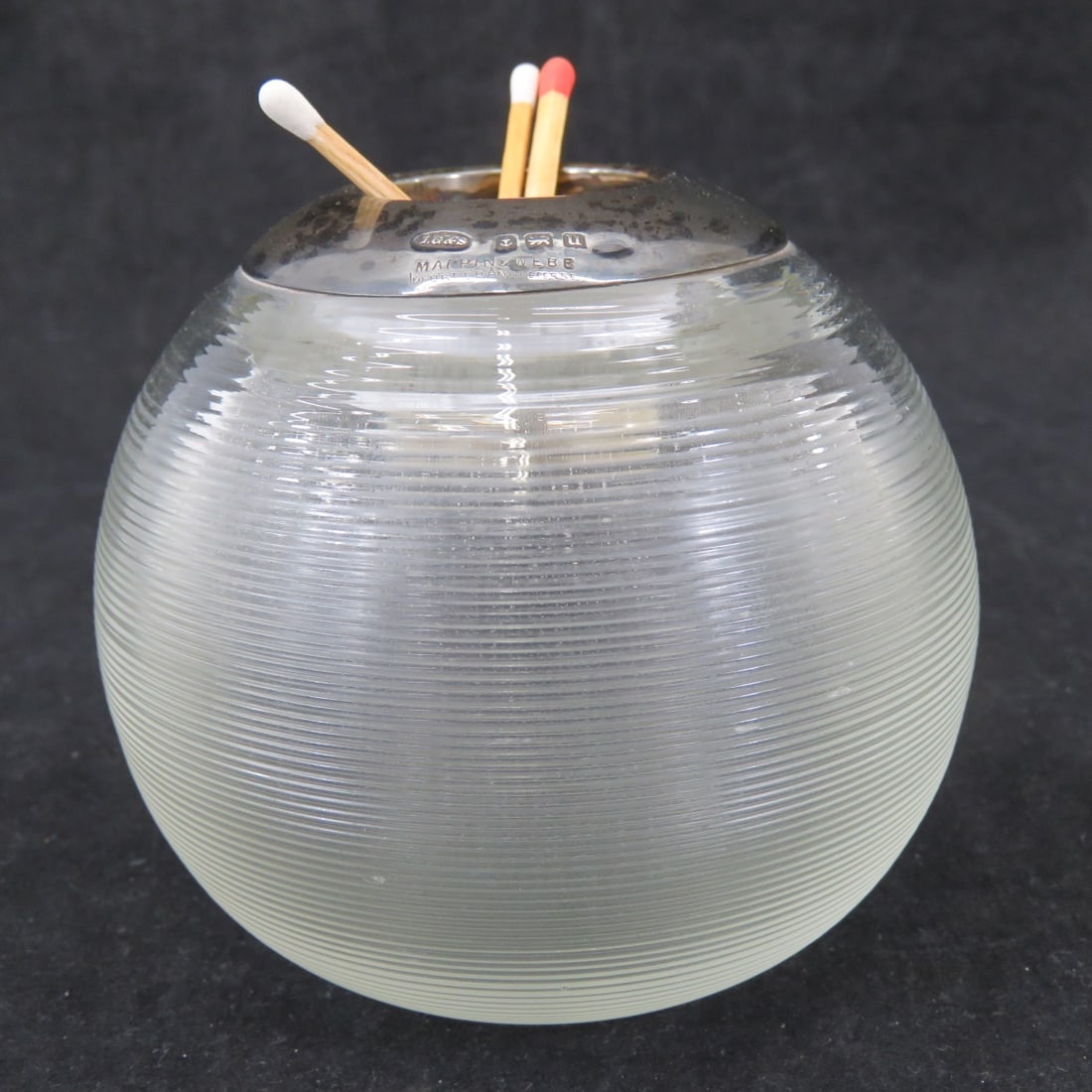 1919 Sterling Collar Glass Match Striker: Collar is stamped with Birmingham anchor, British sterling lion passant, and "u" (1919) date mark, makers mark "J.G & S" (John Grisnell & Sons) "MAPPIN & WEBB Imported Angleterre" 3.25"h x 3.5", wear