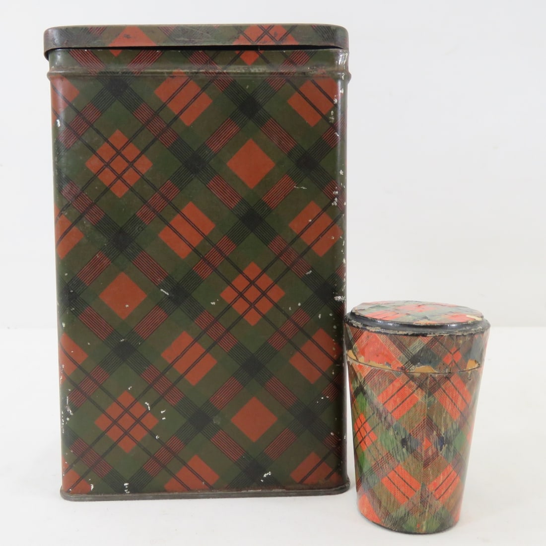 19th Century Tartan Ware Tin & Shot glass w/Holder: tin is 7 x 4.5 x 2.75", and wooden holder with hand blown glass shot glass, wear consistent with age. All antique items have wear consistent with age please review all photos, and please read terms & 