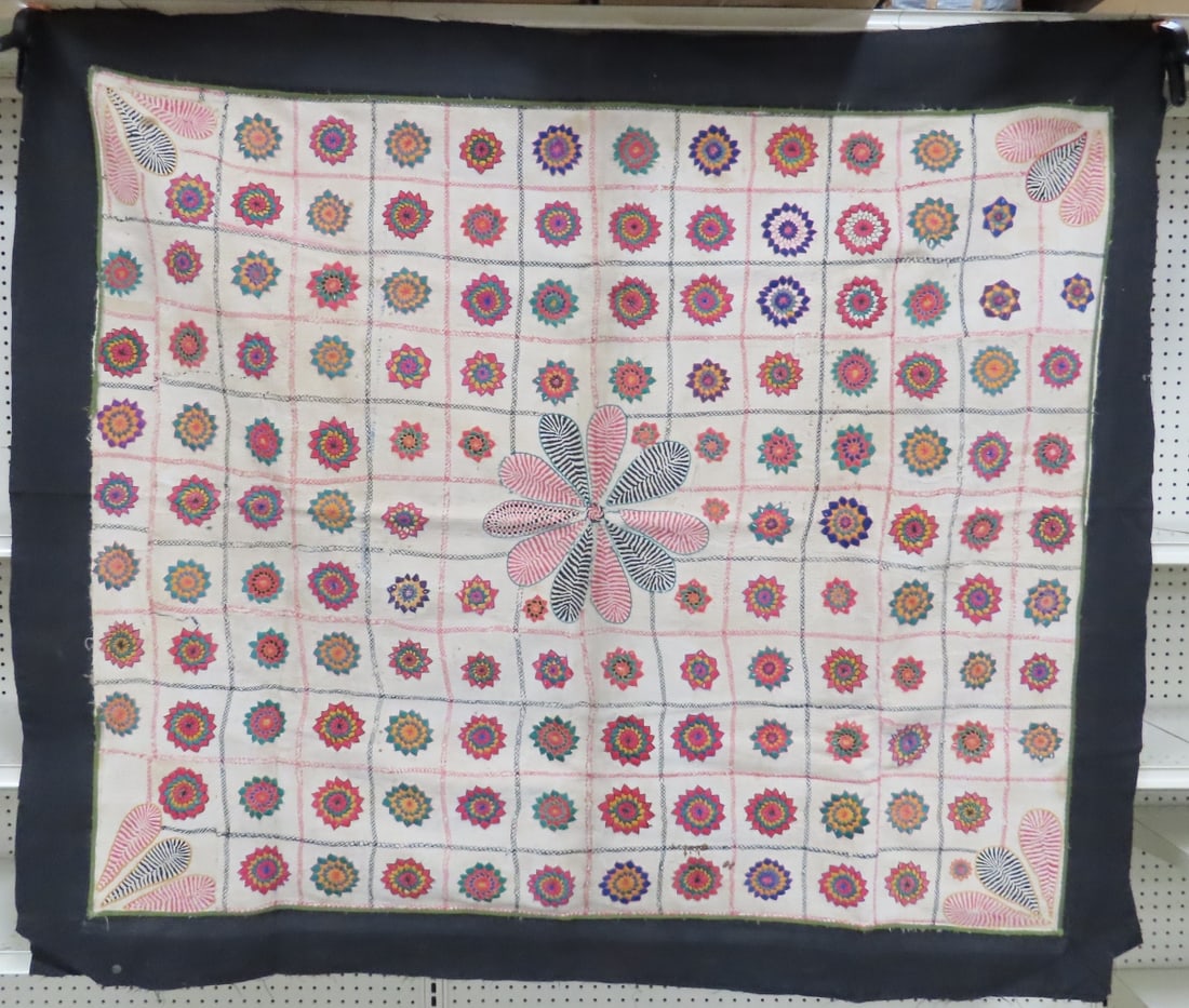 19th Century Nakshi Kantha Embroidered Quilt: mounted on stiff black fabric 63x54", Kantha designs are Bengali in origin. All antique items have wear consistent with age please review all photos, and please read terms & conditions and ask questio