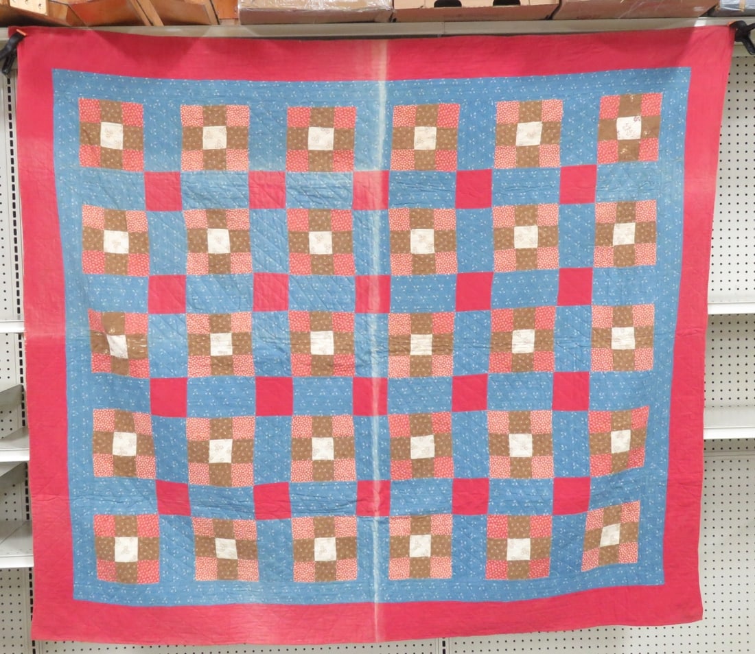 Antique Nine Patch Hand Stitched Quilt 71 x 61": red base with blue and brown squares, faded crease down middle All antique items have wear consistent with age please review all photos, and please read terms & conditions and ask questions before bid