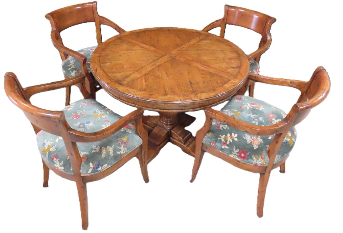 Guy Chaddoch & Co Round Table and Four Armchairs: 42" round, 30" tall, four armchairs with floral fabric seat, 34" high on the back, 22" wide, 18" seats, table is marked Guy Chaddoch & Co, "Melrose Collection" minor surface scratches on table, seatcu