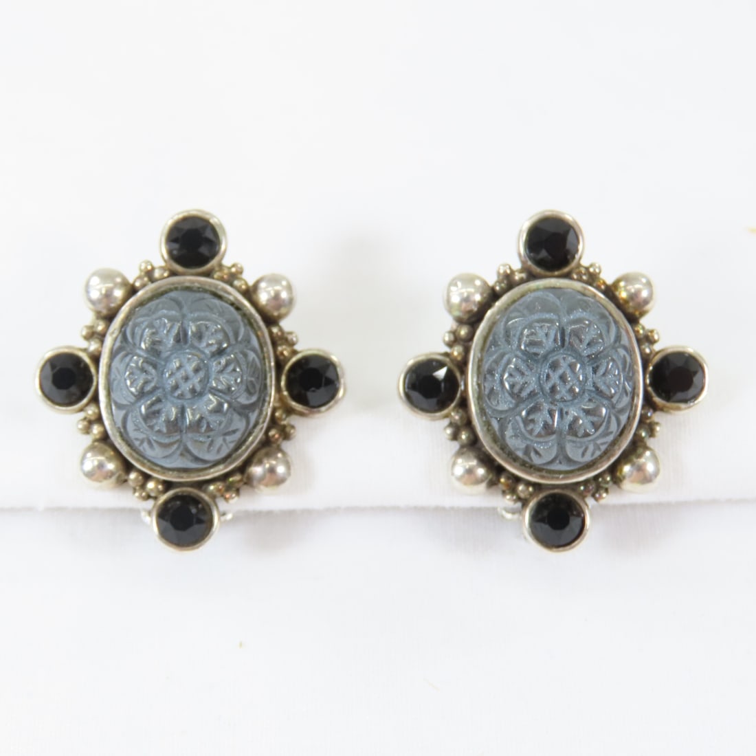 Stephen Dweck Carventurous Sterling Earrings: carved cabochon and accent sapphires All antique items have wear consistent with age please review all photos, and please read terms & conditions and ask questions before bidding.