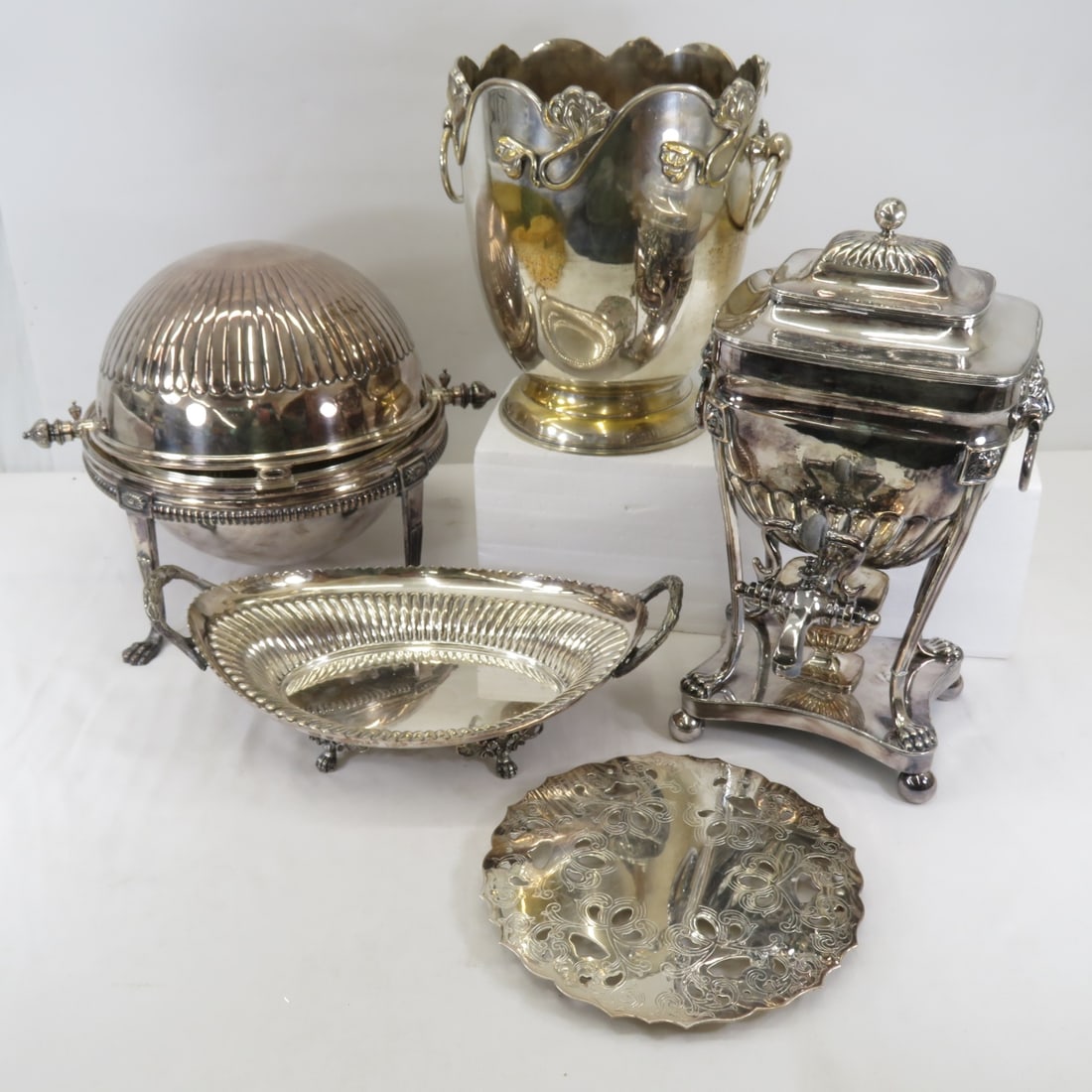 Antique silverplate serving pieces, chaffing dish: coffee server/warmer, trivet marked IFS made in Italy, ice bucket, tray/bowl, Walker & Hall and others All antique items have wear consistent with age please review all photos, and please read terms &