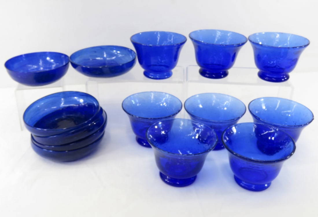 8 Hand Blown Cobalt Blue Glass Soup Cups & 6 Bowls Auction