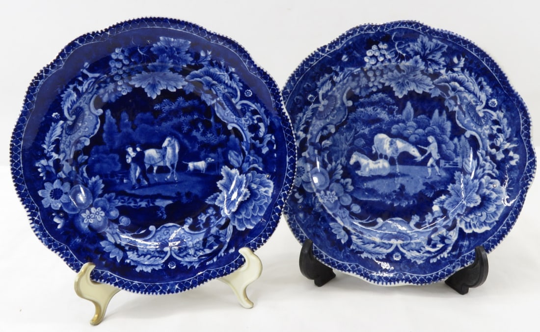 2 1820's Staffordshire Flow Blue Pastoral Plates: 7" flow blue transferware plates- 1 of man and 2 horses, other with horse & dog, William Adams III 1804?1829, Stoke-on-Trent, Staffordshire, marked: "Adams (bird) Warranted Staffordshire" All antique
