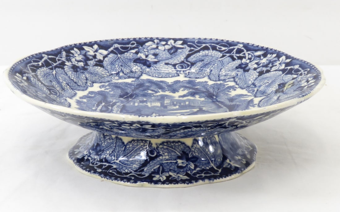 Antique "Vista" Pedestal Dish by Masons England: bottom stamped :"Masons Patent Ironstone China Vista England" 9x2.5" blue transferware- has repair on front in border. The origin of this pattern has been attributed to Francis Morley who purchasedthe