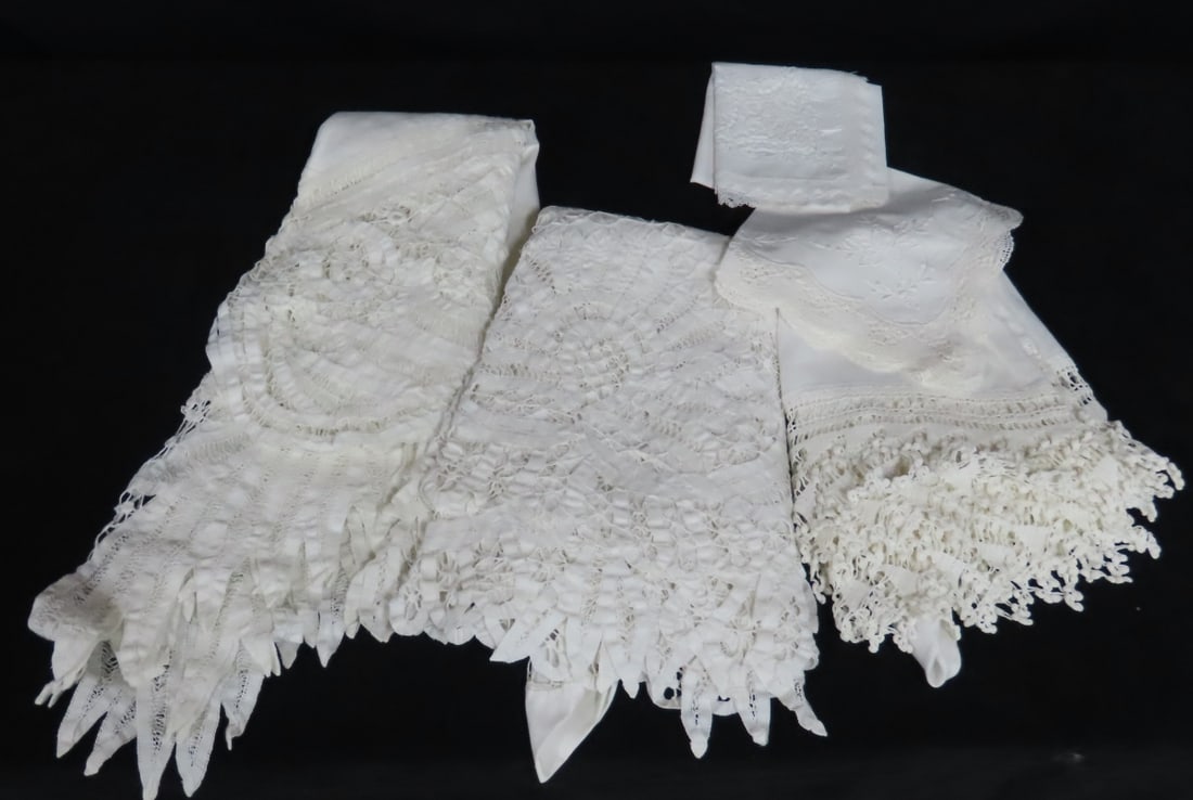 3 Round Hand Worked Tablecloths & Napkins: 1. tablecloth for 24x24 table with 24" lace swags, 2. 63" round tablecloth with large lace trim, 3. tablecloth for 42x42 table with crocheted trim border,4. two different napkins with lace edges All a