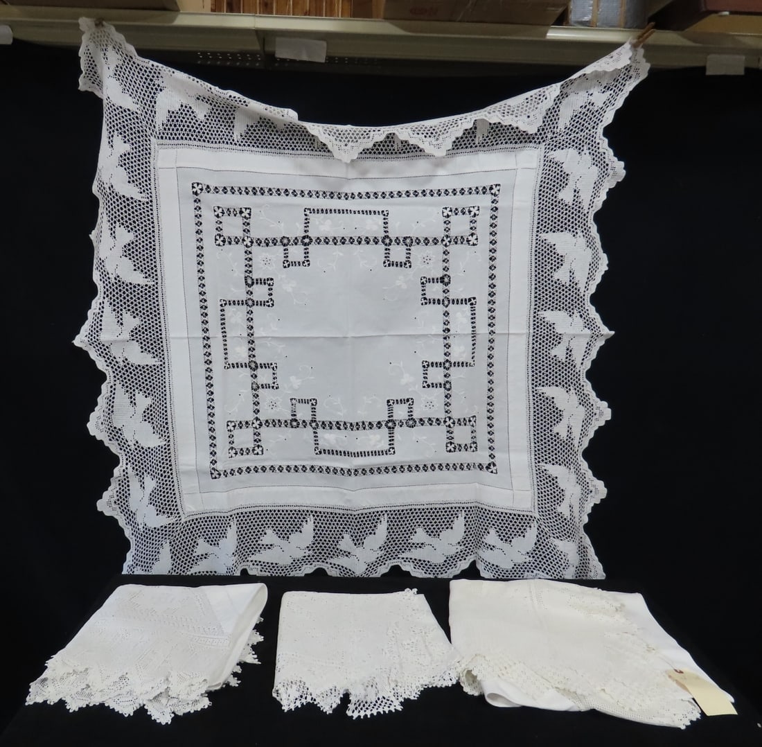 4 Hand Worked Tablecloths: 1: cotton tablecloth with bird lace edging has 4 tiny spots, 48x48, 2: cotton and lace square tablecloth, 46x46, 3: linen and lace tablecloth, floral and good luck lace edging, 48x48,4: wildlife linen