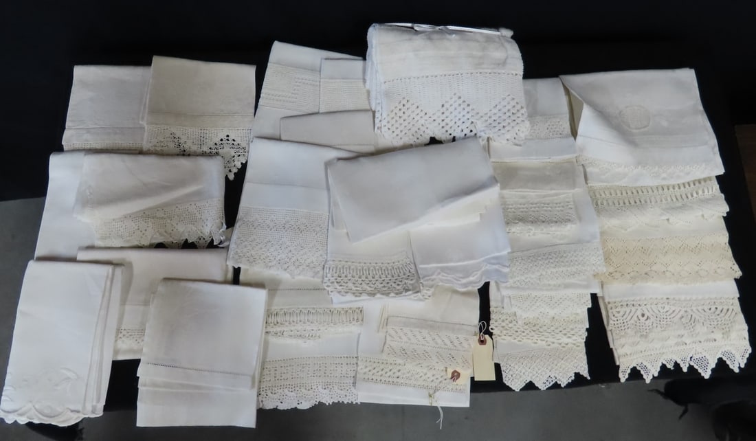 31 Hand Worked Hand Towels, some with lacing: 1: 7 hand towels with trim on both ends, 34x19, 2: hand towel with floral crochet, 29x16, 3: hand towel with floral crochet and small stain, 23x12,4: hand towel with crocheted trim and stain, 26x16, 5