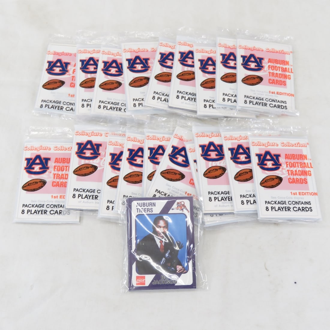 160+ Auburn Tigers Coca-Cola Cards- Bo Jackson: Bo Jackson Auburn Tigers Coca-Cola and other Cards plus 20 sealed packs Please read terms & conditions and ask questions before bidding.