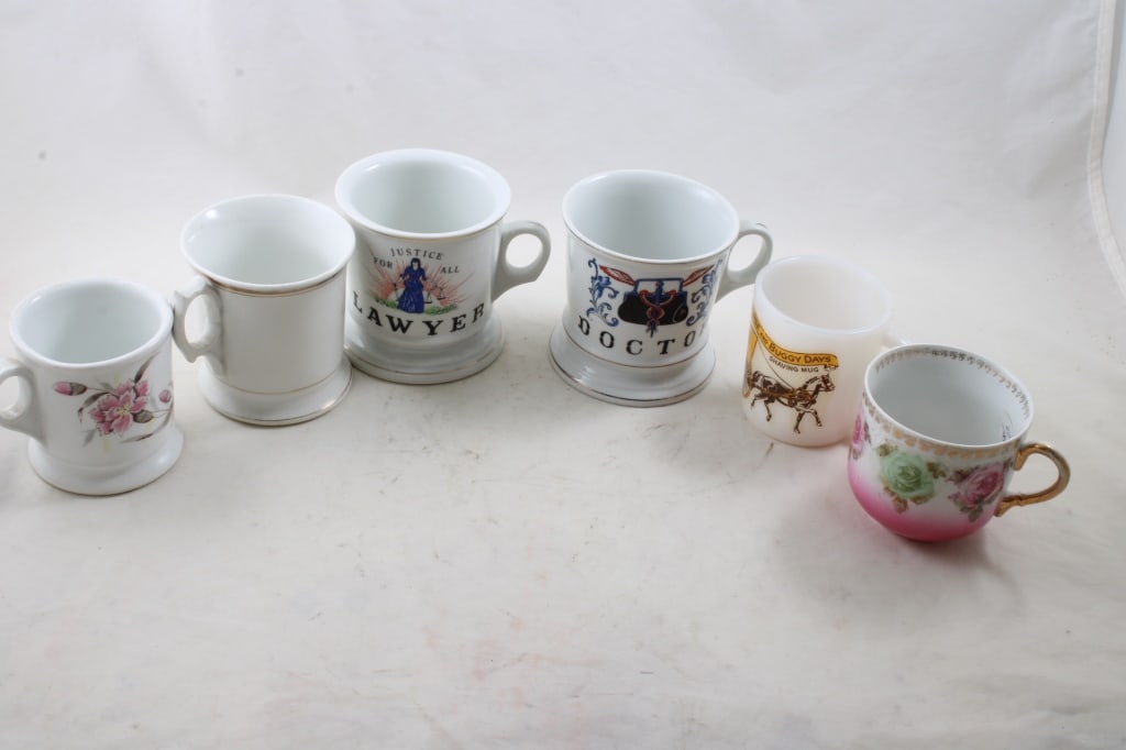 6 Antique Shaving Mugs: 6 Antique Shaving Mugs- As pictured. Please ask questions and read terms & conditions before bidding.