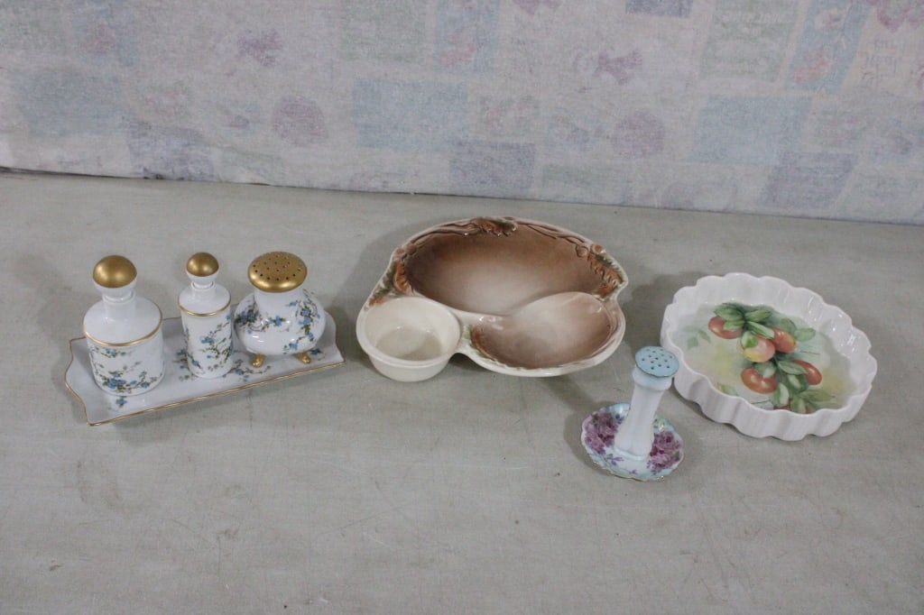 Porcelain & Pottery Signed Lot: Porcelain & Pottery Signed Lot- Sunkist Serving Platter, Gerrold Porzellin Viletta's Arts Dresser Set, Irene Conrad signed Fruit Bowl and RS Hat Pin Holder all in good condition as pictured. Please as