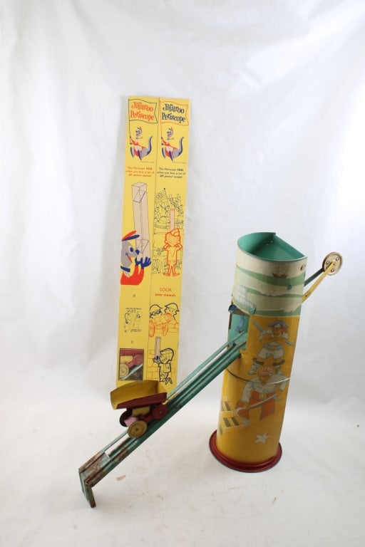 Jifaroo Periscope, Cap't Sandy Andy Sand Toy: Jifaroo Periscope, Cap't Sandy Andy Sand Toy- 1960's Jiff Peanut Butter Advertising Periscope Toy and 1930's Captain Sandy Andy Sand Toy for parts/repair as pictured. Please ask questions and read ter