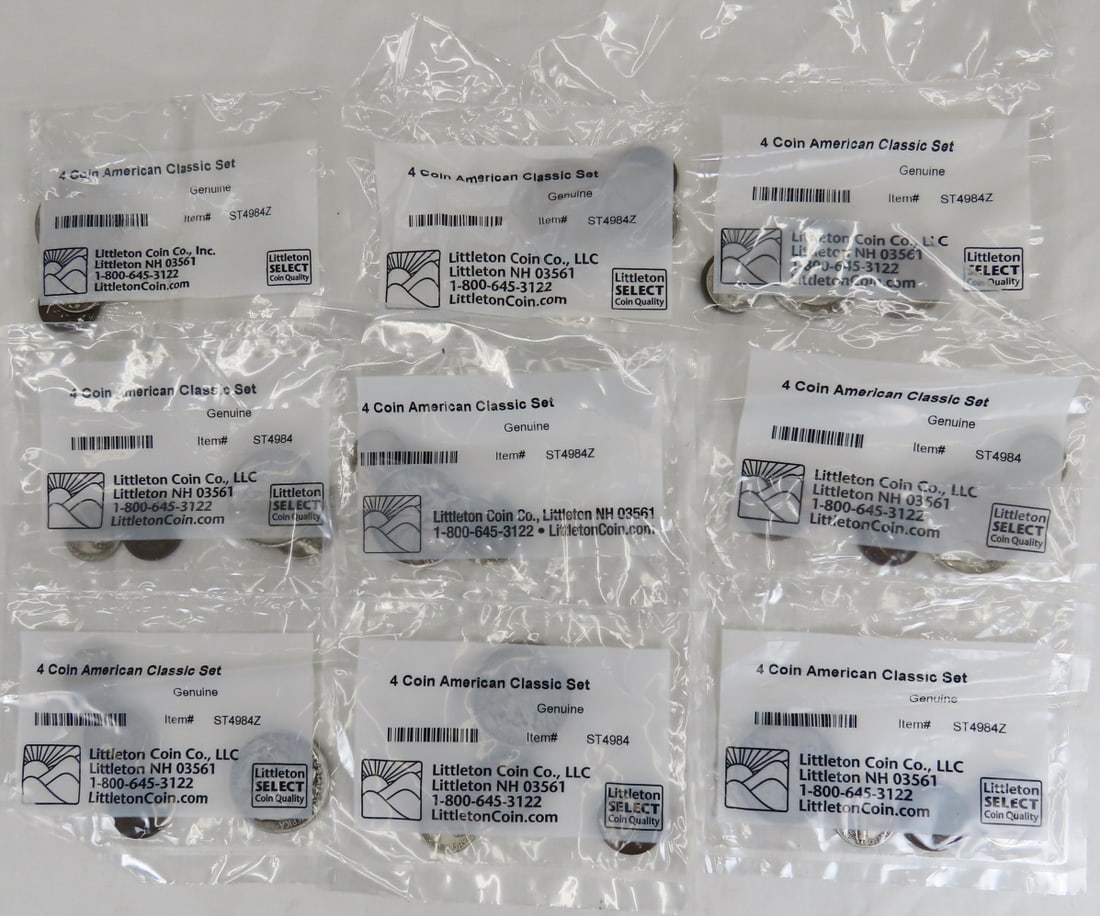 9 Littleton Coin 4 Coin American Classic Sets: all sealed, each set includes 1 Walking Liberty Half Dollar, 1 Mercury Dime, 1 Buffalo Nickel, & 1 Indian Head Cent, total of $5.60 Face 90% silver coins plus the 9 nickels & 9 pennies Please ask ques