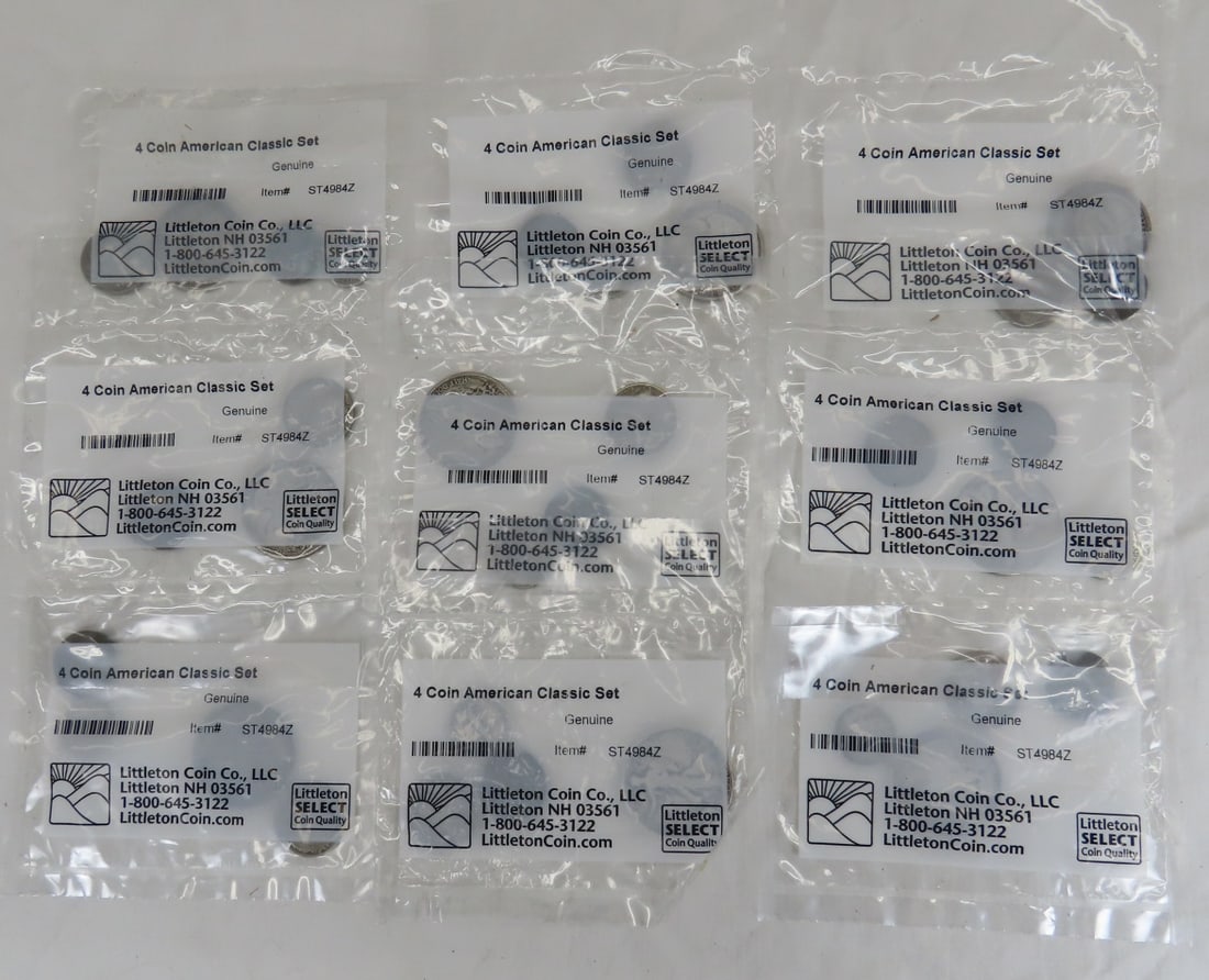 9 Littleton Coin 4 Coin American Classic Sets: all sealed, each set includes 1 Walking Liberty Half Dollar, 1 Mercury Dime, 1 Buffalo Nickel, & 1 Indian Head Cent, total of $5.60 Face 90% silver coins plus the 9 nickels & 9 pennies Please ask ques