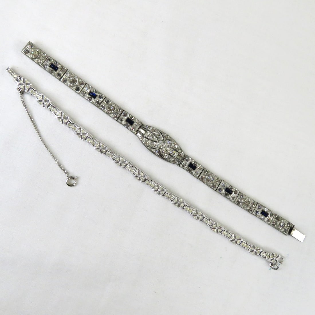 1920's Nov-E-Line & Other Art Deco Bracelet: 1920's Nov-E-Line & Other Art Deco Braceletboth are complete no missing stones, more modern has safety chain Please ask questions and read terms & conditions before bidding.