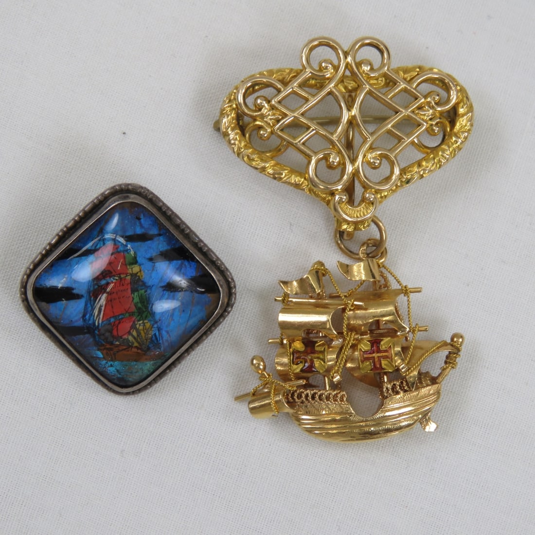 Butterfly Wing & Vermeil Sterling Ship brooches: Butterfly Wing & Vermeil Sterling Ship brooches Please ask questions and read terms & conditions before bidding.