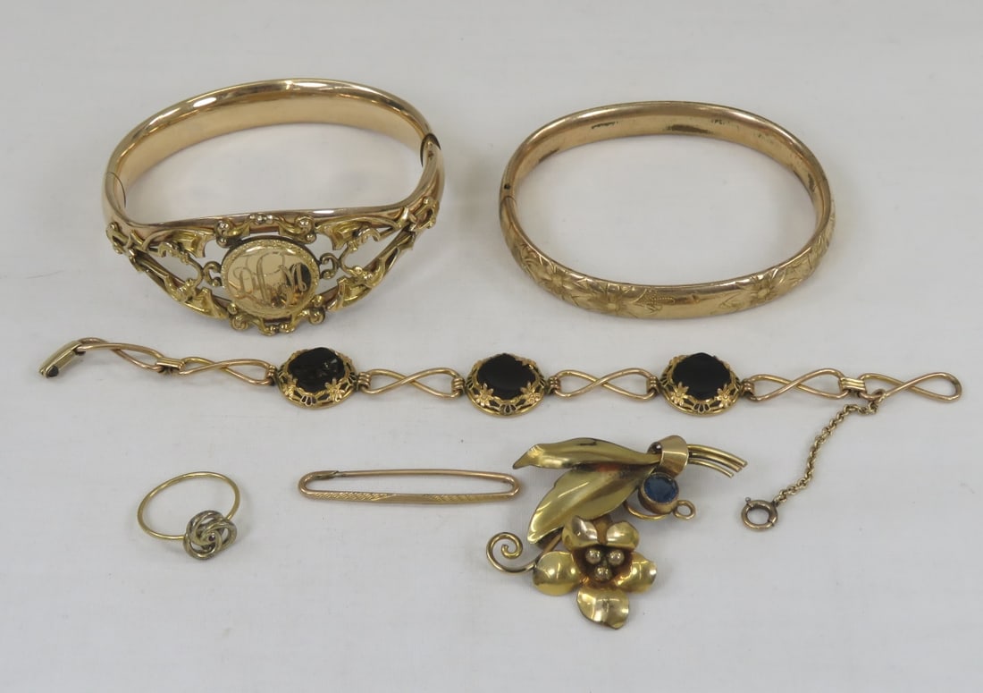 3 Antique Gold Filled Bracelets, pin & ring (1 of 15)