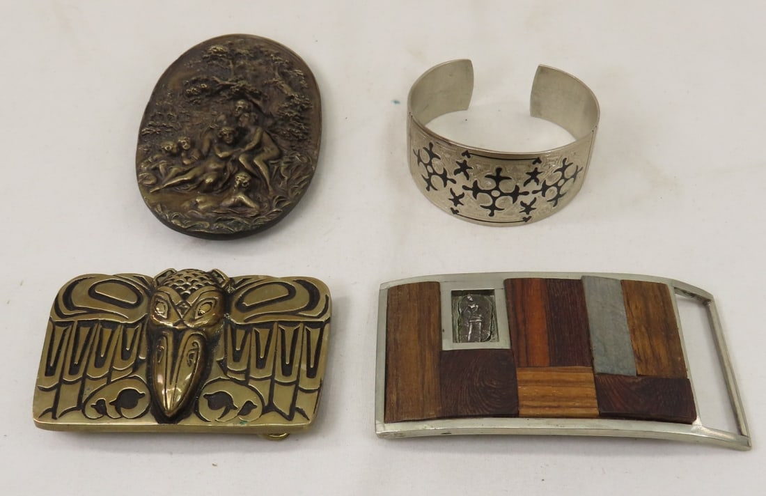 Alaskan Brass Buckle by Raoul & Others: Alaskan Brass Buckle by Raoul & OthersWood inlaid silver buckle by Green, Bergamot Brass Works brass relief work bating beauties marked B-180, and unmarked etched silver cuff bracelet Please ask quest