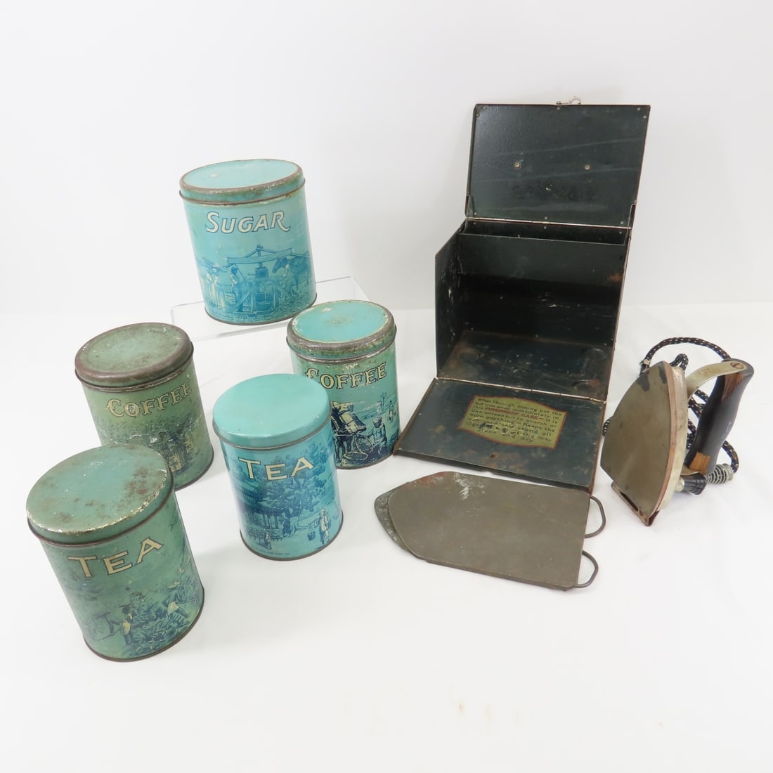 5 Vintage tea tin containers, iron with box & more: 5 Vintage tea tin containers, iron with box & more Please ask questions and read terms & conditions before bidding.