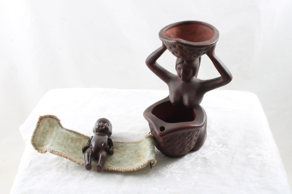 Black Americana Water Fall Figurine, Bisque Doll: Black Americana Water Fall Figurine, Bisque Doll Water Fall Novelty Nude Woman measures 6" Tall and Bisque Doll is Jointed and measures 3 1/2" Tall both as pictured. Please read ask questions an read