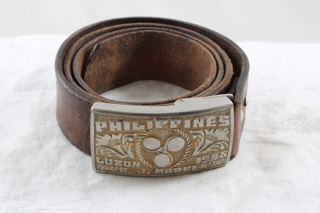 WW2 1945 Phillipines Belt & Buckle R.J. Marren: WW2 1945 Phillipines Belt & Buckle R.J. Marren As pictured. Please read ask questions an read terms & conditions before bidding.