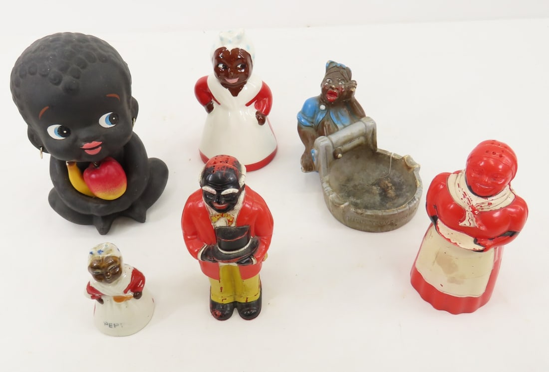 Black Americana Salt & Pepper shakers & more: Black Americana Salt & Pepper shakers & more chalkware ashtray - broken ashtray, repairable, Bobble head missing spring Please read terms & conditions and ask questions before bidding.