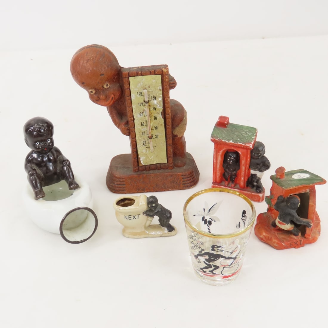 Black Americana figurines, thermometer, shot glass: Black Americana figurines, thermometer, shot glass Please read terms & conditions and ask questions before bidding.