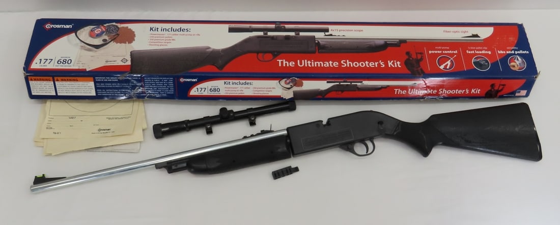 Crosman 66 Powermaster BB Rifle in Box with Scope: Crosman 66 Powermaster BB Rifle in Box with Scopewith 5 shot pellet clip, good compression Please ask questions & read terms & conditions before bidding.