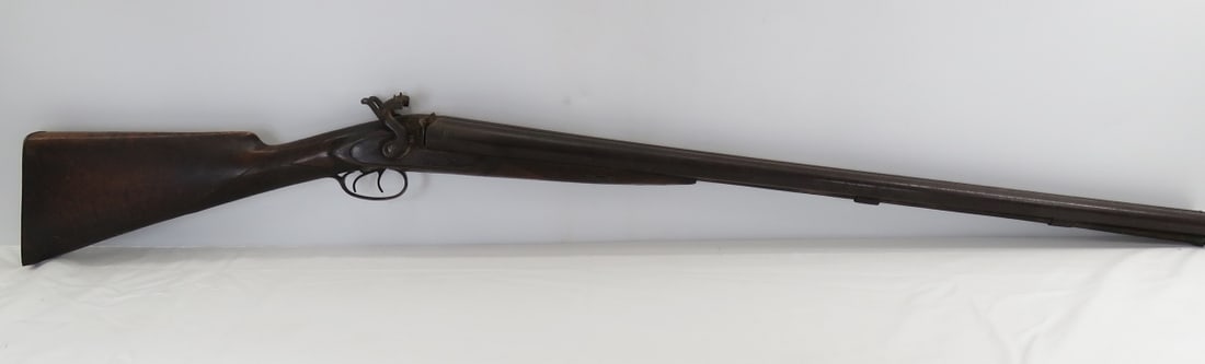 Antique E James & Co Double Barrel 10GA Shotgun: Antique E James & Co Double Barrel 10GA Shotgunpercussion cap, double triggers,double hammers, 34" barrels- warranted laminated steel, ram rod, checkered wood stock, metal butt plate, Antique - no FFL