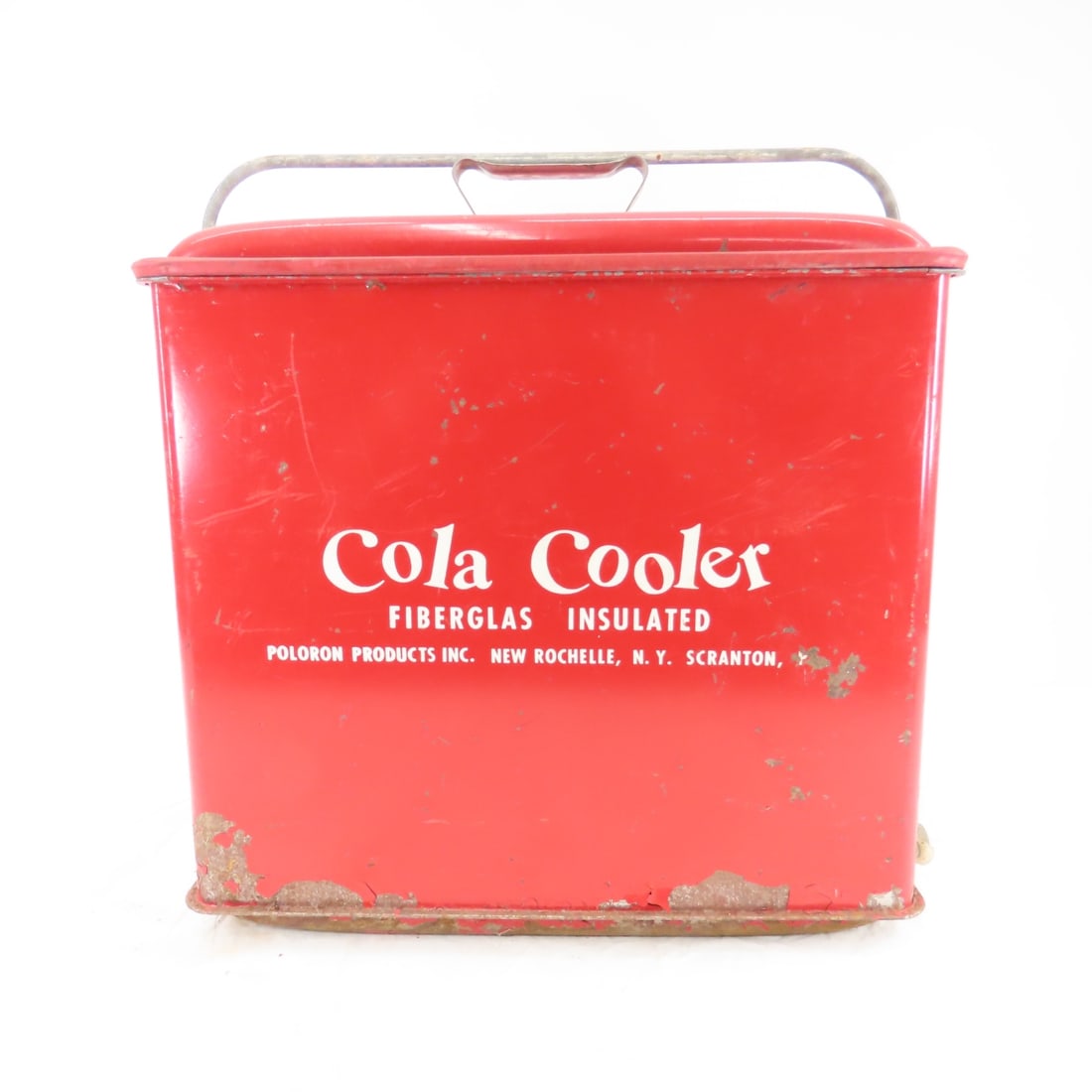 Vintage Cola Cooler Poloron Products Inc.: Vintage Cola Cooler Poloron Products Inc.rust on edges 15x12.5x16"(including handle) Please ask questions & read terms & conditions before bidding.