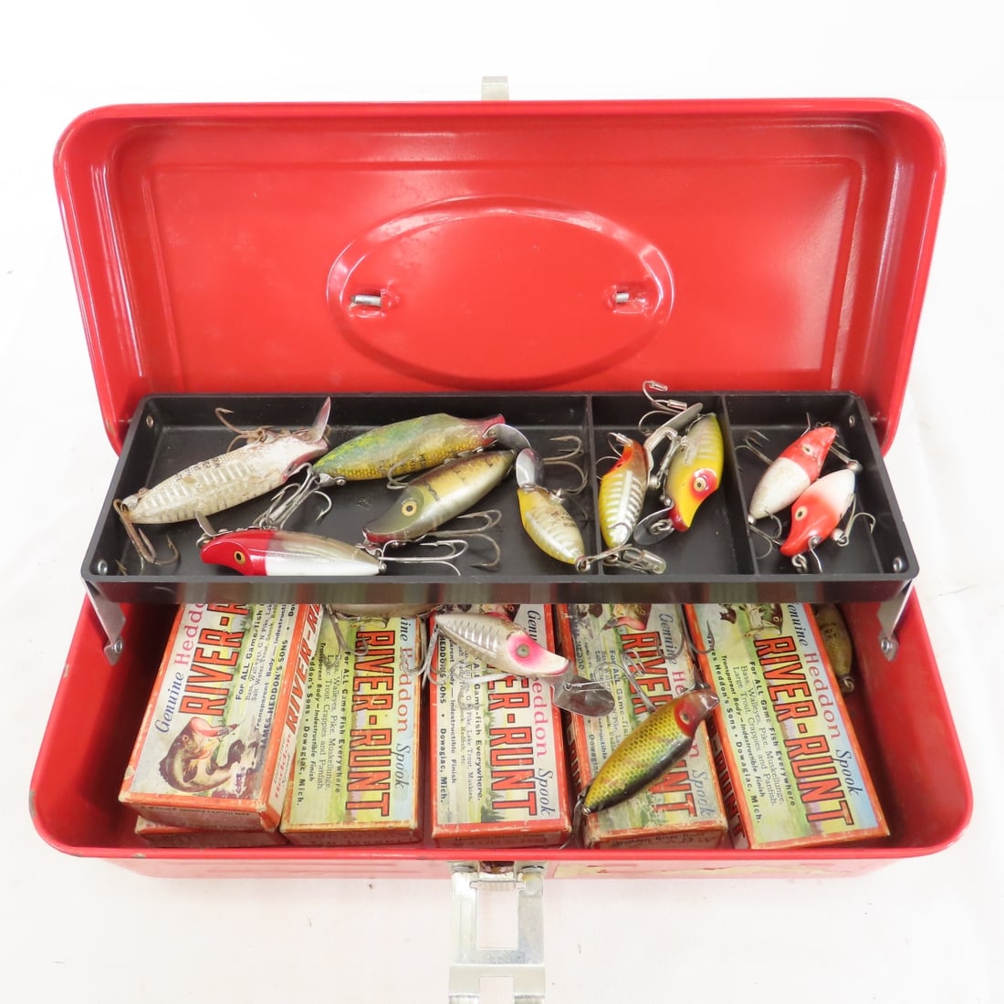 Heddon River Runts in tackle box, some boxes (1 of 6)