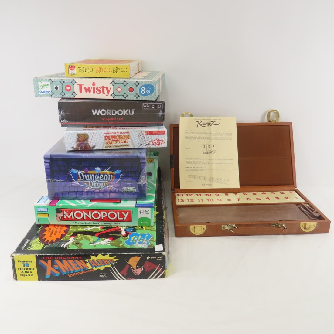 Vintage & Modern Board Games - Some NEW: Vintage & Modern Board Games - Some NEW X-Men Alert Adventure game- open, Whitman BINGO- open, Rummy-Z in case, Twisty- open, WORDOKU-sealed, Dungeon Drop-Sealed, Dungeon & Dragons Dungeon Scrawlers-