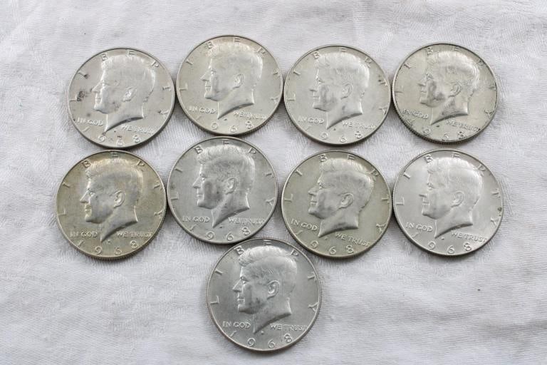 9 Kennedy Half Dollars All 1968 40% Silver (1 of 15)