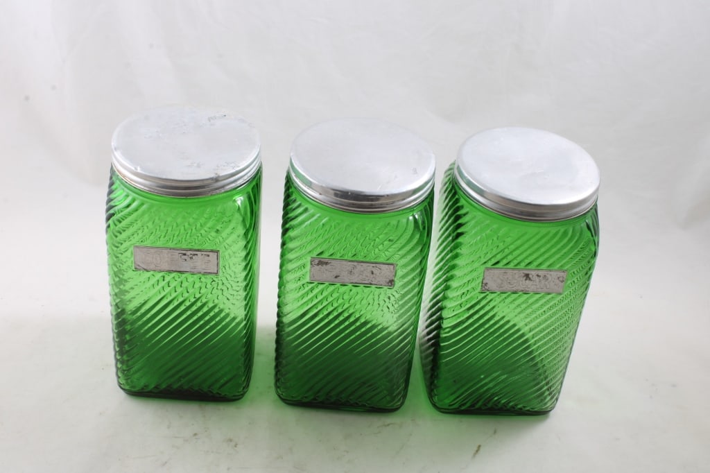 3 Owens Illinois Ribbed Green Glass Canisters (1 of 16)