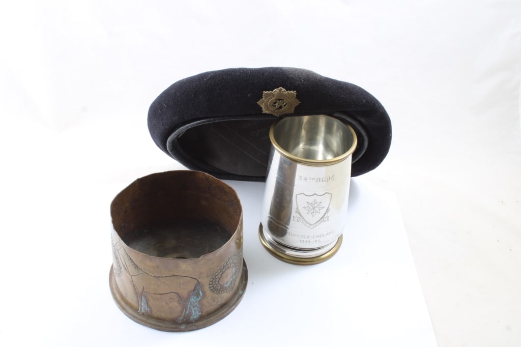 1917 Brass Trench Art, Canadian Army Beret, Mug: 1917 Brass Trench Art, Canadian Army Beret, MugWW2 1944-45 34th Brigade Suffolk England Mug, Royal Canadian Army Services Beret, 1917 Brass Trench Art Shell, all as pictured. Please ask questins and r