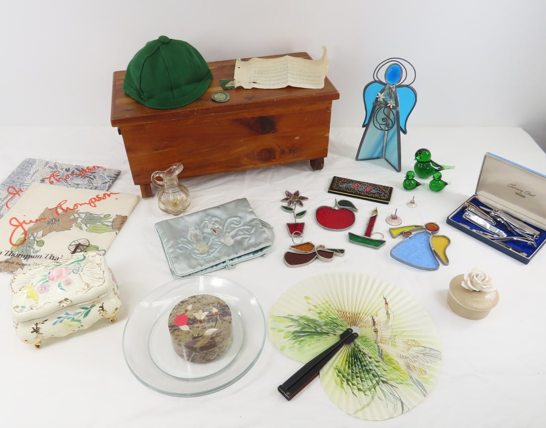 Silk Scarves, Lane Box, & Other Collectibles: Silk Scarves, Lane Box, & Other Collectibles stained glass pieces, girl scout cap, nail clippers, White Bear Lake plates and more Please ask questions and read terms & conditions before bidding.