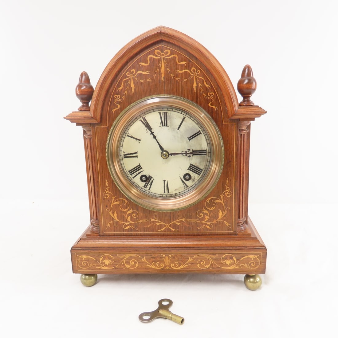 Antique Inlaid  Wood Mantel Clock with Key - Works (1 of 15)